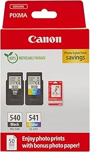 Canon Ink & Paper Multipack - PG-540/CL-541 Genuine Printer Ink Cartridges 2 Pack (1 x Black, 1 x Colour) & 4x6 Photo Paper (50 x Sheets) - Compatible with PIXMA MX, MG & TS