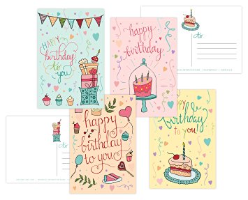One Jade Lane - Whimsical - Happy Birthday POSTCARDS (Self-mailer) - 40 Cards - Heavy Stock - 4 Designs, 10 of each - Postage Saver.