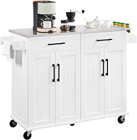 Yaheetech Kitchen Cart with Stainless Steel Countertop and 2 Drawers, Kitchen Island on Wheels with Double Storage Cabinet and Inner Adjustable Shelves for Dining Room, L42xW18xH36 in, White