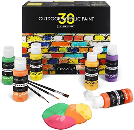 Magicfly 30 Colors Outdoor Acrylic Paint Set 60ml Artist Quality Non-Toxic Craft Paints with 3 Brushes, for Multi-Surface Paint on Canvas, Paper, Wood, Stone, Ceramic and Model