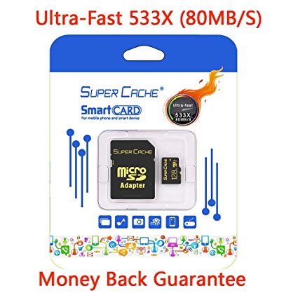 SuperCache Turbo Performance 128G High Speed Micro SDXC by ESoulTech Class 10 UHS-I Up to 80MB/second Transfer Speeds Cell Phone Tablet TF/Flash Memory Card With SD Adapter
