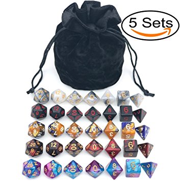 Assorted Polyhedral Dice Set with Black Drawstring Bag, 5 Complete Dice Sets of D4 D6 D8 D10 D% D12 D20 Great for Dungeons and Dragons DnD RPG MTG Games