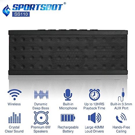 SportsBot SS110 Portable Bluetooth Wireless Speaker for 12Hrs Music Streaming & Hands-Free Calling w/ 40mm Driver Speakerphone, Built-in Mic, 3.5mm Universal Audio Port, Lithium Rechargeable Battery