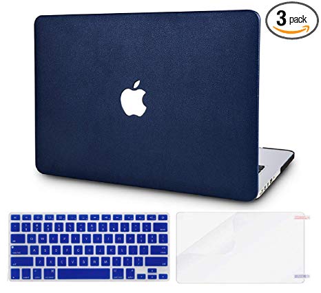 KEC Laptop Case for MacBook Pro 13" (2019/2018/2017/2016) w/ Keyboard Cover Italian Leather A1989/A1706/A1708 Touch Bar   Screen Protector 3 in 1 Bundle (Navy Blue Leather)