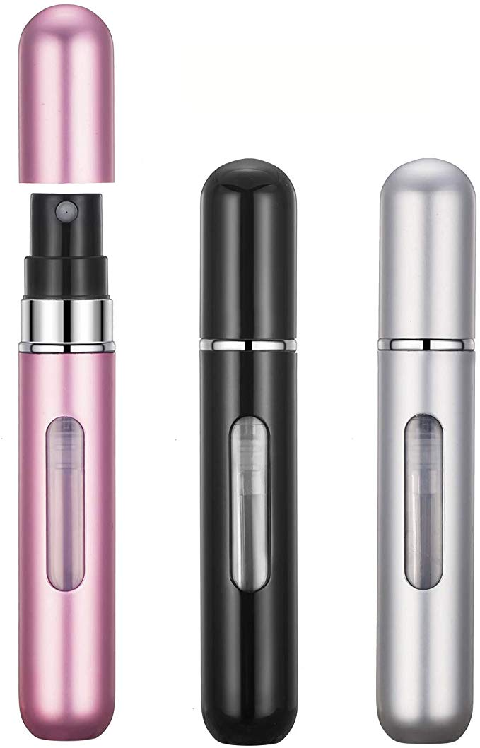 Perfume Atomizer Bottles,3 PCS* 8 ml Portable Travel Mini Metalic Atomisers, Bottom Refillable Liquid Dispenser Fragrance Spray Bottles (Pink, Black & Sliver)