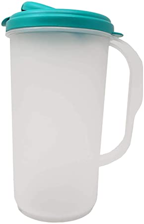 Heavy Duty Round Plastic Pitcher, Blue Lid & Tab with See Through Base, Leak Proof Spill Proof Lid Spout, BPA-free (2 Quart)