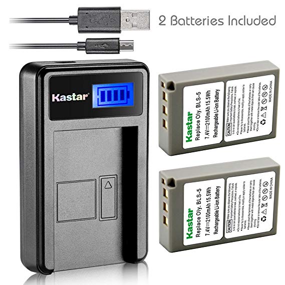 Kastar Battery (X2) & LCD USB Charger for Olympus BLS-5 PS-BLS5 and Olympus OM-D E-400 E-410 E-420 E-450 E-600 E-620 E-P1 E-P2 E-P3 E-PL1 E-PL2 E-PLE15 E-PM1 E-PM2 E-M10 E-PL6 E-PL5 stylus 1 Camera