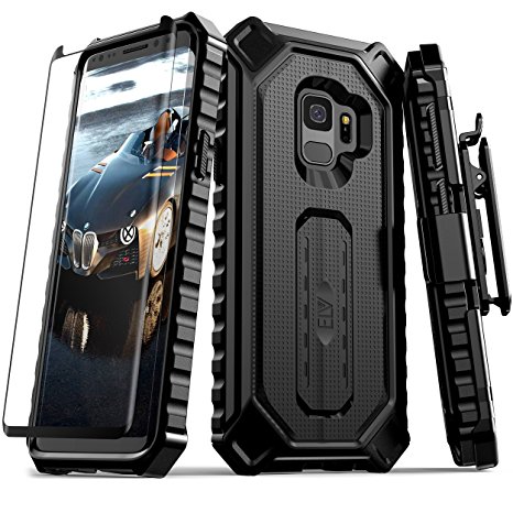 Samsung Galaxy S9 Case, ELV [Croco Series] Premium Holster Defender Belt Clip Rugged Case - Curved Glass Screen Protector & Kickstand for Samsung Galaxy S9 (BLACK / BLACK)
