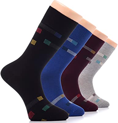 Hugh Ugoli Men's Dress Socks Bamboo Seamless Toe Soft Funky Business Thin Crew Socks, 4 Pairs, Square 3, Shoe Size: 7-12
