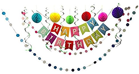 KaLuc Colorful Happy Birthday Decorations Banner, 6 Tissue Paper Balls, Swirl and Garland. USA Seller.