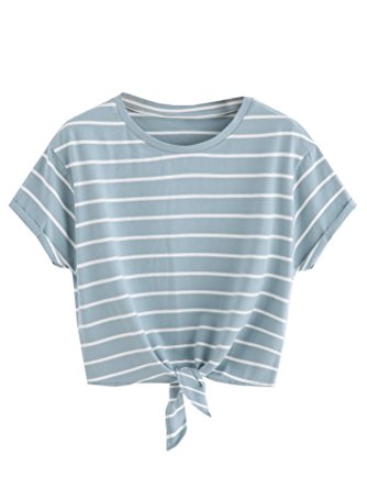 Romwe Women's Knot Front Cuffed Sleeve Striped Crop Top Tee T-Shirt