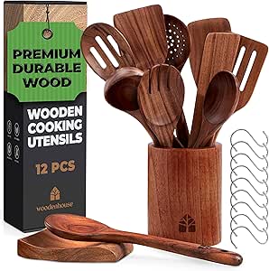 Wooden Spoons for Cooking – Wooden Cooking Utensils Set with Holder, Spoon Rest & Hooks, Teak Wood Nonstick Kitchen Cookware – Durable Set of 12pcs by Woodenhouse