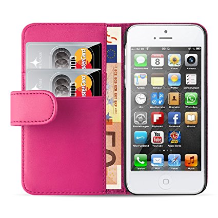 iPhone 5 Case, JAMMYLIZARD Leather Wallet Flip Cover for iPhone 5 / 5s / SE, Hot Pink