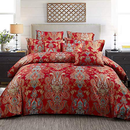 Softta Damask Bedding Sets Chic Pattern Gold line Edge Bohe Pattern Combined with Paisley Pattern King Size（1 Duvet Cover +2 Pillowcase ） 3Pcs 100% Egyptian Long-Staple Cotton Zipper Closure Red