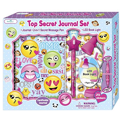 SmitCo LLC Journals For Girls, Secret Emoji Personal Diary For Kids, Including Invisible Ink Pen With Blue Light, 100 Page Blank, Lined Notebook, Clip On LED Book Light and 1 Sheet Stickers