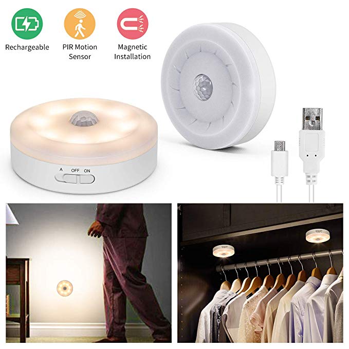 Closet Light Motion Activated USB Rechargeable LED Under Cabinet Lighting Ultra Bright Warm White Safe Light Magnet Stick-on Bedside Counter Drawer Bookcase Wardrobe Stairs Kitchen Hallway (2 Pack)