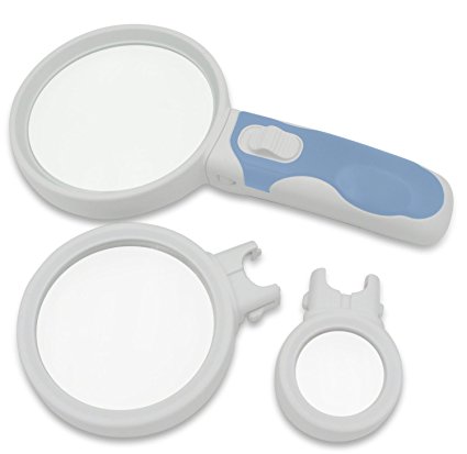Fancii LED Illuminated Handheld Magnifying Glass Set - 2X 3.5X and 10X High Magnification Power | Best Magnifier For Senior Reading, Low Vision, Visually Impaired and Macular Degeneration (Blue)