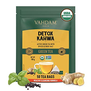 VAHDAM Detox Green Tea Bags - 50 Units | 100% Fresh and Organic Detox Kahwa Green Tea | Real Ingredients (Black Pepper, Tulsi, Ginger, Clove, and Green Tea), 50 Pyramid Tea Bags