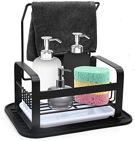 IEBIYO Sponge Holder With Towel Bar,Stainless Steel Kitchen Sink Cleaning Caddy Organizer For Sponges, Scrubbers, Dish Brushes,Sponge Holder With Removable Tray And Silicone Mat (Black, Small)