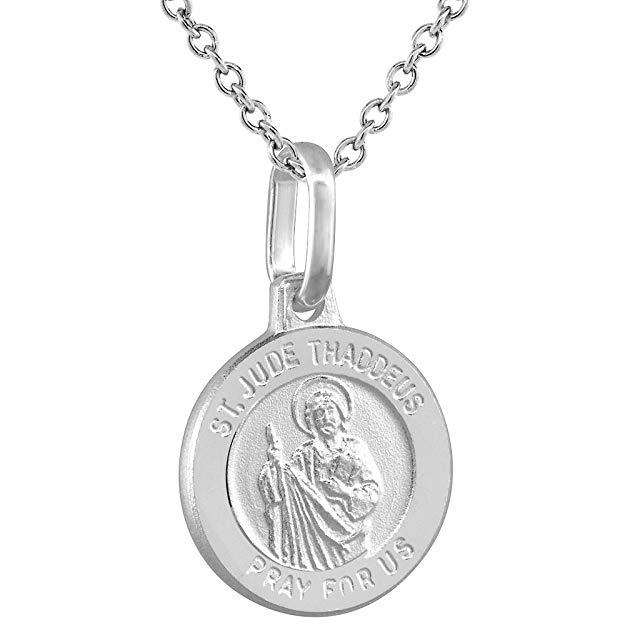 Dainty Sterling Silver St Jude Medal Necklace 1/2 inch Round Italy 0.8mm Chain