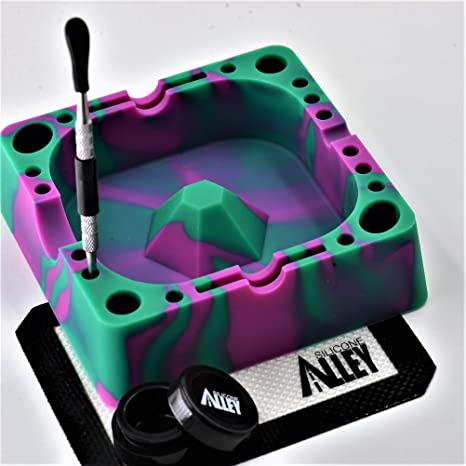 SESH Station [Full Kit - Purple/Green] - Silicone Nonstick Ashtray   4" x 5" Non- tick Mat     5 ml Container Jar   Pick Cleaning Tool - Set for Sticky Arts & Crafts