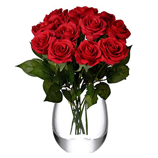 Feyarl 12-Piece 17.4inch Real Touch Artificial Flowers Roses (Vase Not Included) - (Red)