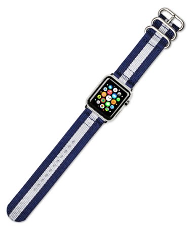 Apple Watch Strap - 2 Piece Nylon Band - Navy with White Stripe - Fits 42mm Apple Watch [Black Adapters]