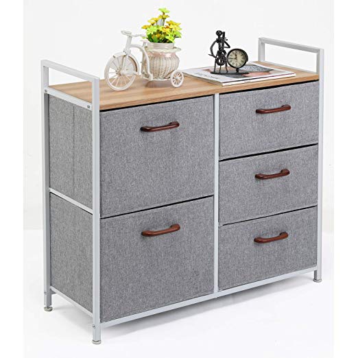 MaidMAX Home Dresser Cabinet Constructed by Painted Steel, Wooden Top and 5 Foldable Cloth Storage Cubes, Gray