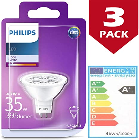 3 x Philips 4.7w (35W) 395 Lumen GU5.3/ MR16 36 Degree Opening LED Spot Light Bulb 4000k Cool White - [Energy Class A ]