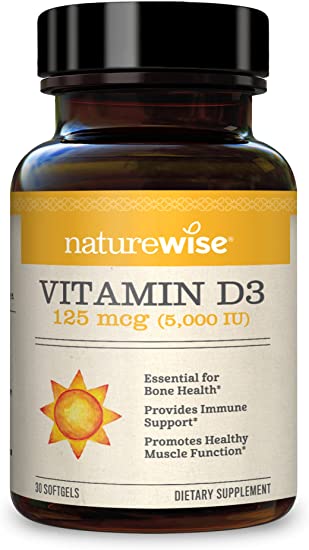 NatureWise Vitamin D3 5000iu (125 mcg) 1 Month Supply for Healthy Muscle Function, Bone Health and Immune Support, Non-GMO, Gluten Free in Cold-Pressed Olive Oil, Packaging May Vary (30 Mini Softgels)