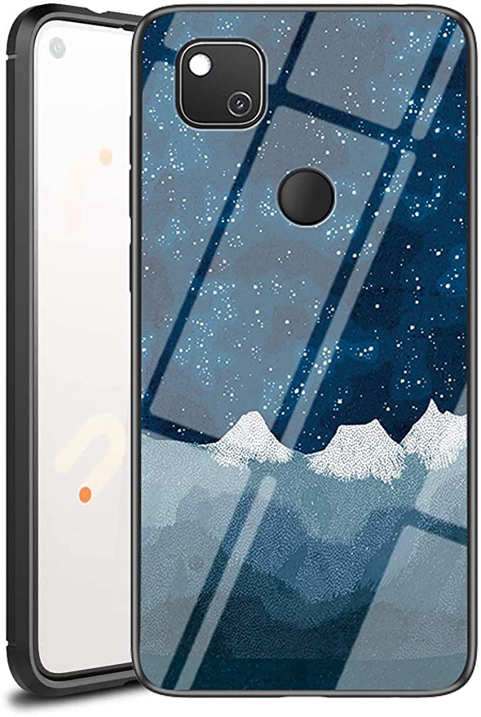 Pixel 4a Case,3D Sky Pattern Glitter Shockproof Tempered Glass Mirror Back Cover Protective Drop Rubber Hybrid Skin Silicone Shell Slim Case for Google Pixel 4a -Star Lou