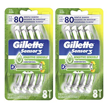 Gillette Sensor3 Men's Disposable Razor, Sensitive, 8 Count (Pack of 2), Mens Razors / Blades