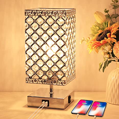 Touch Crystal Lamp, 3 Way Dimmable Crystal Table Lamp with USB Ports and AC Outlet, Crystal Bedside Lamps with Sliver Crystal Lampshade Crystal Nightstand Lamp for Bedrooms, Living Room, Bulb Included