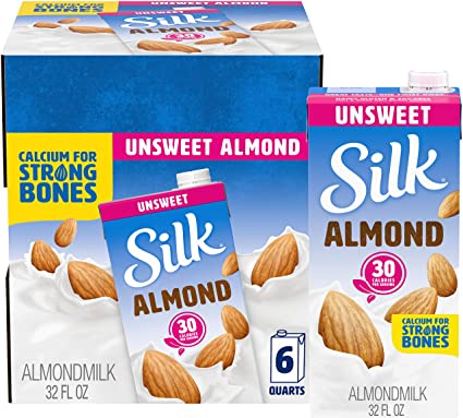 Silk Almond Milk Unsweetened Original 32 oz (Pack of 6) Shelf Stable, Unsweetened, Unflavored Dairy-Alternative Milk, Organic, Individually Packaged