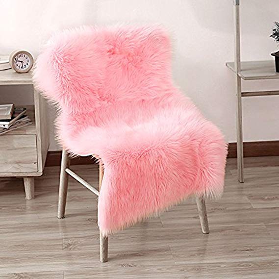 LEEVAN Supersoft Fluffy Chair Cover Sheepskin Rug Seat Cover Shaggy Silky Throw Floor Mat Carpet Accent Rugs- 2 feet x 3 feet, Pink