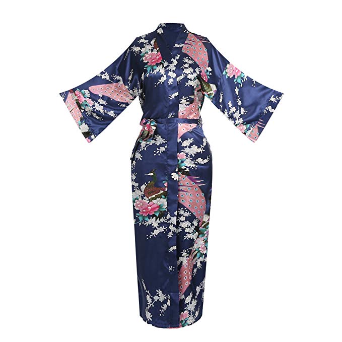 ellenwell Women's Kimono Long Robe - Peacock & Blossoms Long Kimono Robe