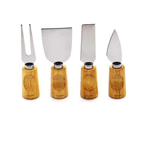 Freehawk 4 Pieces Set Cheese Knives with Bamboo Wood Handle Steel Stainless Cheese Slicer Cheese Cutter (Creative Button Bamboo Handle)