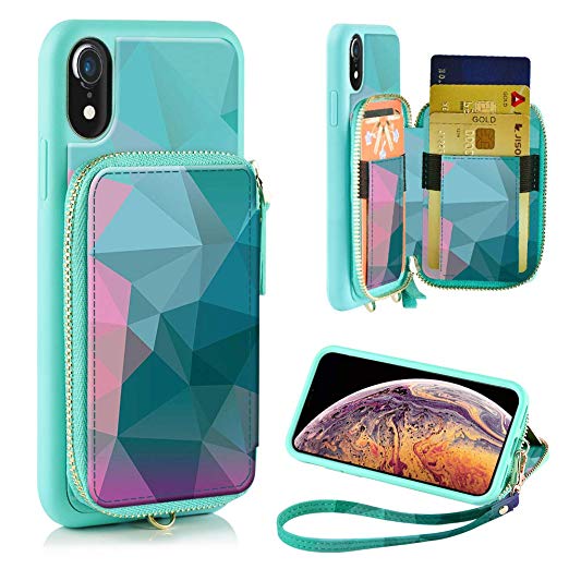 ZVE Case for Apple iPhone XR, 6.1 inch, Wallet Case with Credit Card Holder Slot Leather Zipper Shockproof Cover Handbag Purse Print Case for Apple iPhone XR, 2018 - Diamond