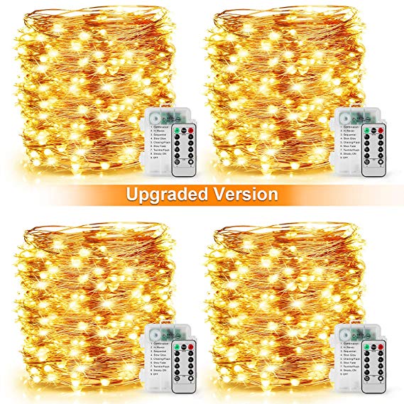 [2019 Upgraded] 33Ft 100 LED Fairy String Lights Battery Operated, Waterproof 8 Modes Remote Control Timer Copper Wire Twinkle String Lights for Bedroom Wedding Party Decor (Warm White - Pack of 4)