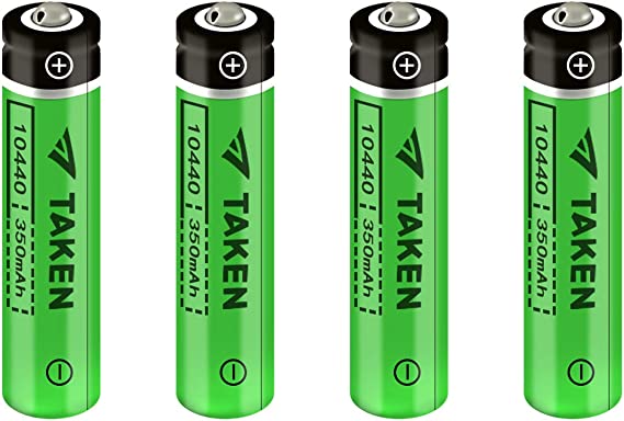 10440 Rechargeable Battery, Taken 3.7V 350mAh 10440 Li-Ion Rechargeable Button Top for LED Flashlight Torch - 4 Pack