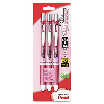 Pentel Pink BCA Ribbon Pentel EnerGel Deluxe RTX Retractable Liquid Gel Pen Pack, 0.7mm, Medium Line, Metal Tip, Pink Barrel, Black Ink, 3 Pack (BL77PBP3A-BC)