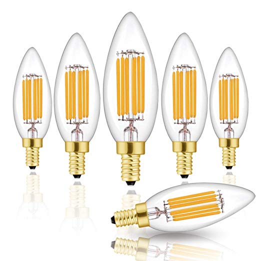 Hizashi B10 Fully Dimmable 6W LED Candle Light Bulb 90  CRI 60W 650 Lumen LED Filament Candelabra Bulbs E12 Base 6 Pack 2700K Warm White, UL Listed