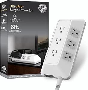 GE-Branded UltraPro 9-Outlet Surge Protector, 2480J, 6ft. Braided Cord, Extensoin Cord for School, Home, Office, White – 82596