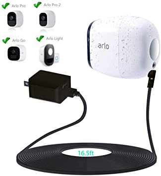 JESSY Weatherproof Outdoor 16.5 Feet/ 5 m Power Cable with Quick Charge 3.0 Power Adapter Compatible with Arlo Pro and Arlo Pro 2 to Continuously Operate Your Arlo Camera (Black)