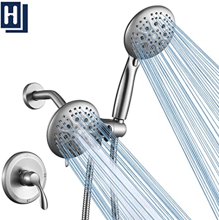 HOMELODY Shower System Kit 5 Inch Handheld Showerhead Rain Shower Combo High Pressure Dual Showerheads Shower Faucet with Valve 35 Settings 3-way Water Diverter Brushed Nickel for Bathroom Shower Room