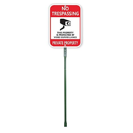 SmartSign Aluminum Sign, Legend "No Trespassing Video Surveillance" with Graphic, 12" high x 9" wide sign plus 3' tall stake, Black/Red on White