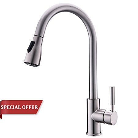 Modern Commercial Brushed Nickel Stainless Steel Single Handle Kitchen Sink Faucet, Kitchen Faucets With Pull Down sprayer