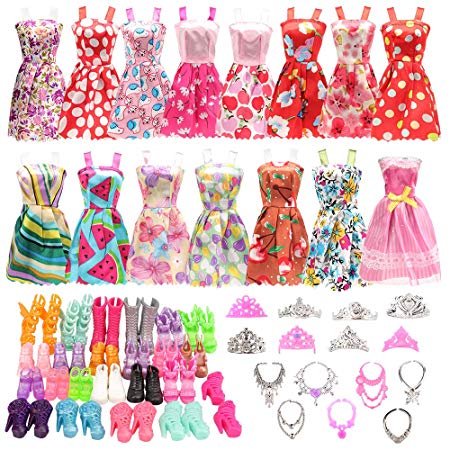 BARWA 32 pcs Barbi Doll Clothes and Accessories 10 pcs Party Dresses 22 pcs Shoes, Crown, Necklace Accessories for 11.5 inch Doll