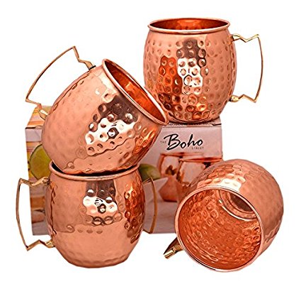 The Boho Street - Moscow Mule Handcrafted 100% Pure Copper Mugs With Lead Free Brass Handles Set of 4 Solid Copper Hand Hammered Mugs 16 ounce Perfect for Moscow Mules