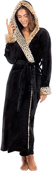 Alexander Del Rossa Women's Faux Fur Feather Hooded Robe, Soft Plush Fleece Bathrobe with Hood